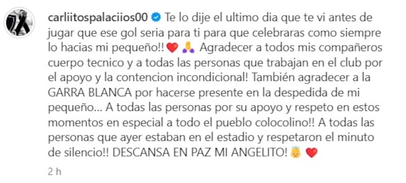 Carlos Palacios publicó el sentido mensaje este lunes en sus redes sociales.