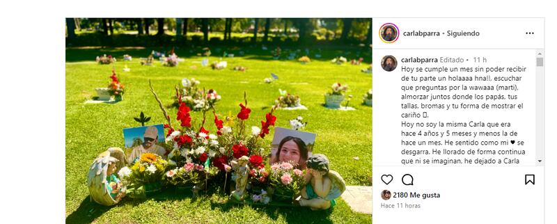 A un mes de la muerte de su hermano Sebastián Barra y a casi cinco años de la partida de su hermana Antonia, Carla Barra publicó un desgarrado mensaje en su cuenta de Instagram, tras las trágicas pérdidas para su familia. 
“Hoy se cumple un mes sin poder recibir de tu parte un holaaaa hna!!, escuchar que preguntas por la wawaaa (marti), almorzar juntos donde los papás, tus tallas, bromas y tu forma de mostrar el cariño .Hoy no soy la misma Carla que era hace 4 años y 5 meses y menos la de hace un mes. He sentido como mi corazón se desgarra”, publicó.
Esto, a raíz del trágico accidente que sufrió el joven de 35 años, quien chocó su camioneta la mañana del 10 de febrero en Temuco y el lamentable suicidio de Antonia, el año 2019. 
“He llorado de forma continua que ni se imaginan, he dejado a Carla que llore todo lo que necesite, que grite, patalee. Pero yo Carla, no estoy enojada con el mundo ni con la vida. De forma física no puedo ver a dos de mis hermanos, me duele todo, si se me cayó y detuvo la vida, el mundo, todo… pero aquí estoy, poniéndole ganas”. 
“Solo me queda agradecerle a la vida porque soy la hermana mayor y me gusta serlo, les dije muchas veces cuanto los amaba y amo. Si pudiera elegir un deseo, elegiría nuevamente ser su hermana. Me gusta hablarles, que continúen en mi día a día. Me gusta ir conduciendo y sentir que van conmigo cantando las canciones que solíamos escuchar.
“Cuando estoy triste se los digo, cuando tuve un mal día también se los cuento y cuando he tenido días bonitos también. Me gusta decir “ohhh esto le gustaría a la anto o al sebas Me gusta decirles hoy tengo pena, los extraño tanto, déjenme llorarlos, porque luego de desahogarme llega un momento de tranquilidad y paz y se que ustedes están ahí conmigo”, fueron parte de sus emotivas palabras.