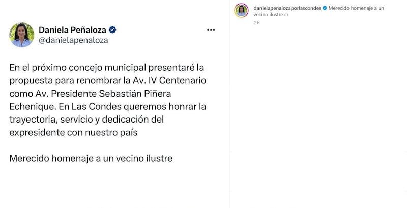 La jefa municipal informó de su intención de cambiarle el nombre a una de las principales avenidas de Las Condes por el del fallecido expresidente Sebastián Piñera.