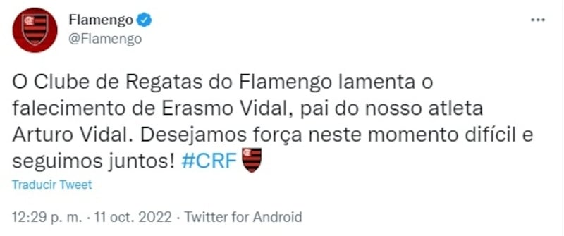 Flamengo tuiteó por la muerte del padre de Arturo Vidal y lo liberó de viajar a Chile para el funeral de su padre en la previa al final de la Copa Brasil. El futbolista, de todos modos, habría decidido jugar el partido y viajar posteriormente al país.