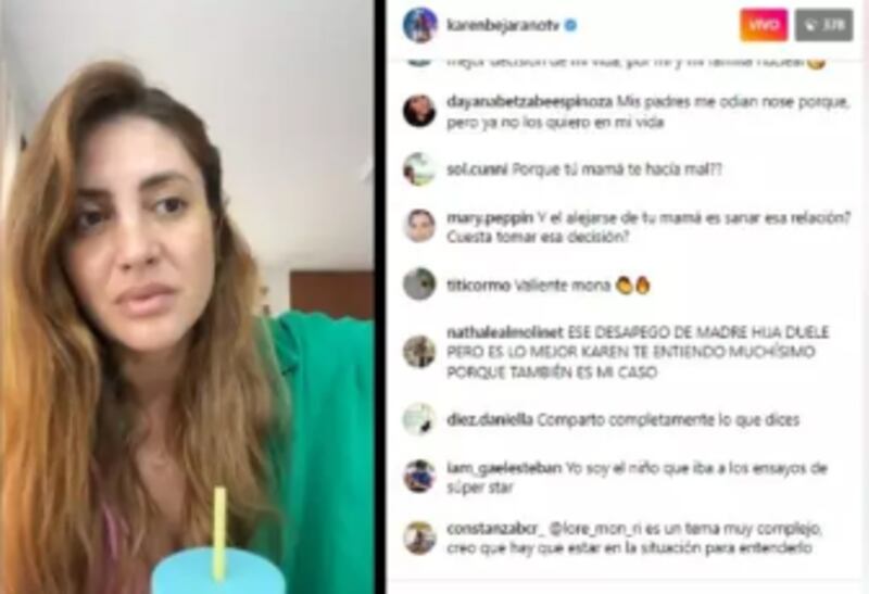 Karen Bejarano transmitiendo en Instagram. Captura de pantalla