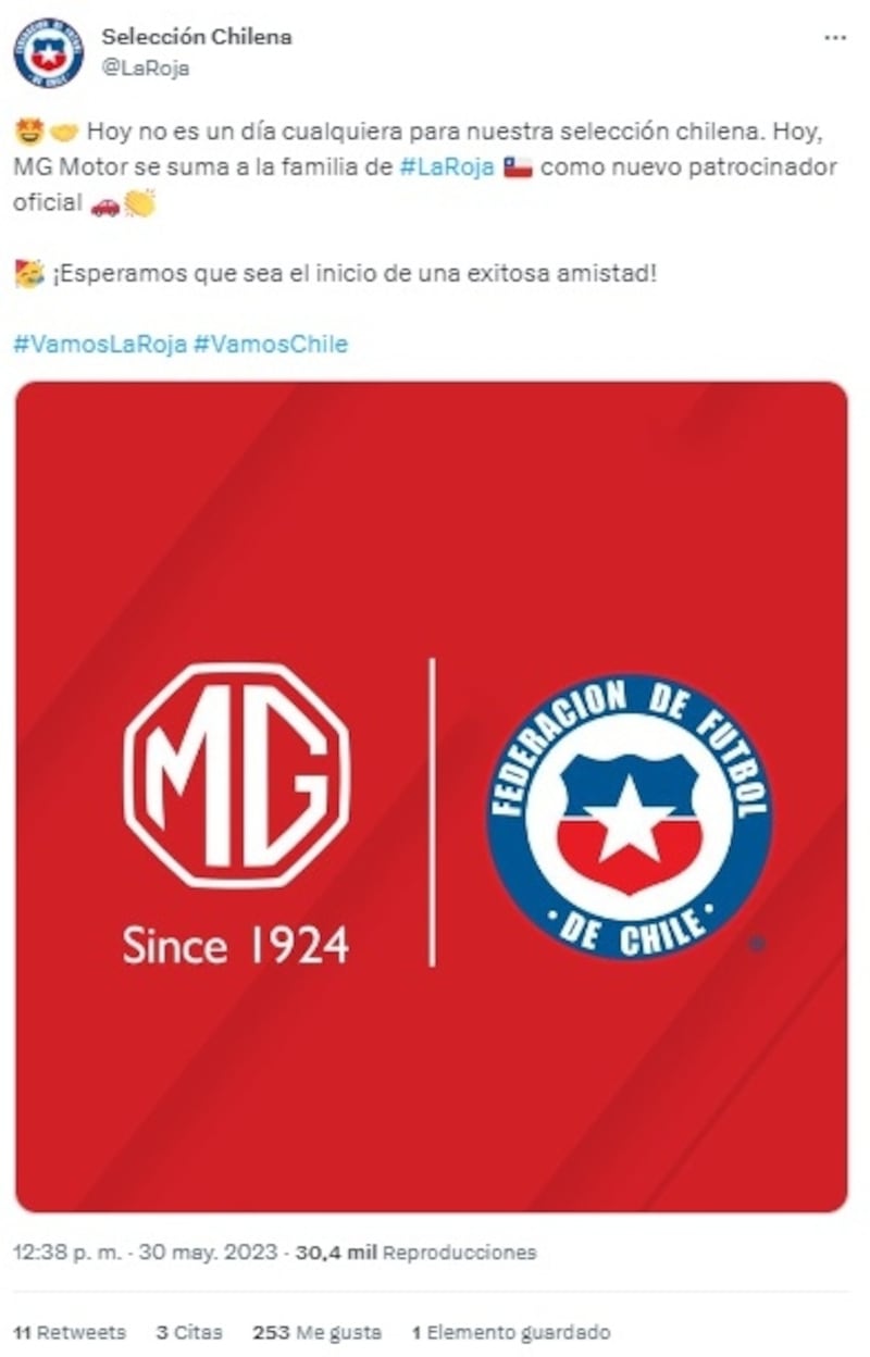 La ANFP confirmó el millonario acuerdo con la marca MG para ser sponsor de todas las categorías de la selección chilena hasta 2026.