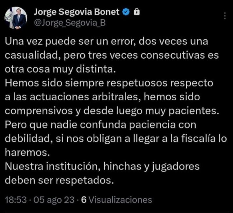 El tuit del presidente de Unión Española.