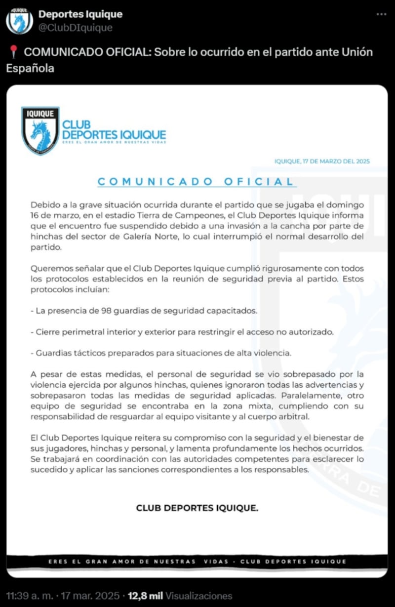 Los dirigentes celestes aseguraron haber cumplido con todos los protocolos de seguridad para el partido, sin embargo, reconocieron que los guardias se vieron superados por la violencia de algunos barras brava iquiqueños que ingresaron a la cancha.