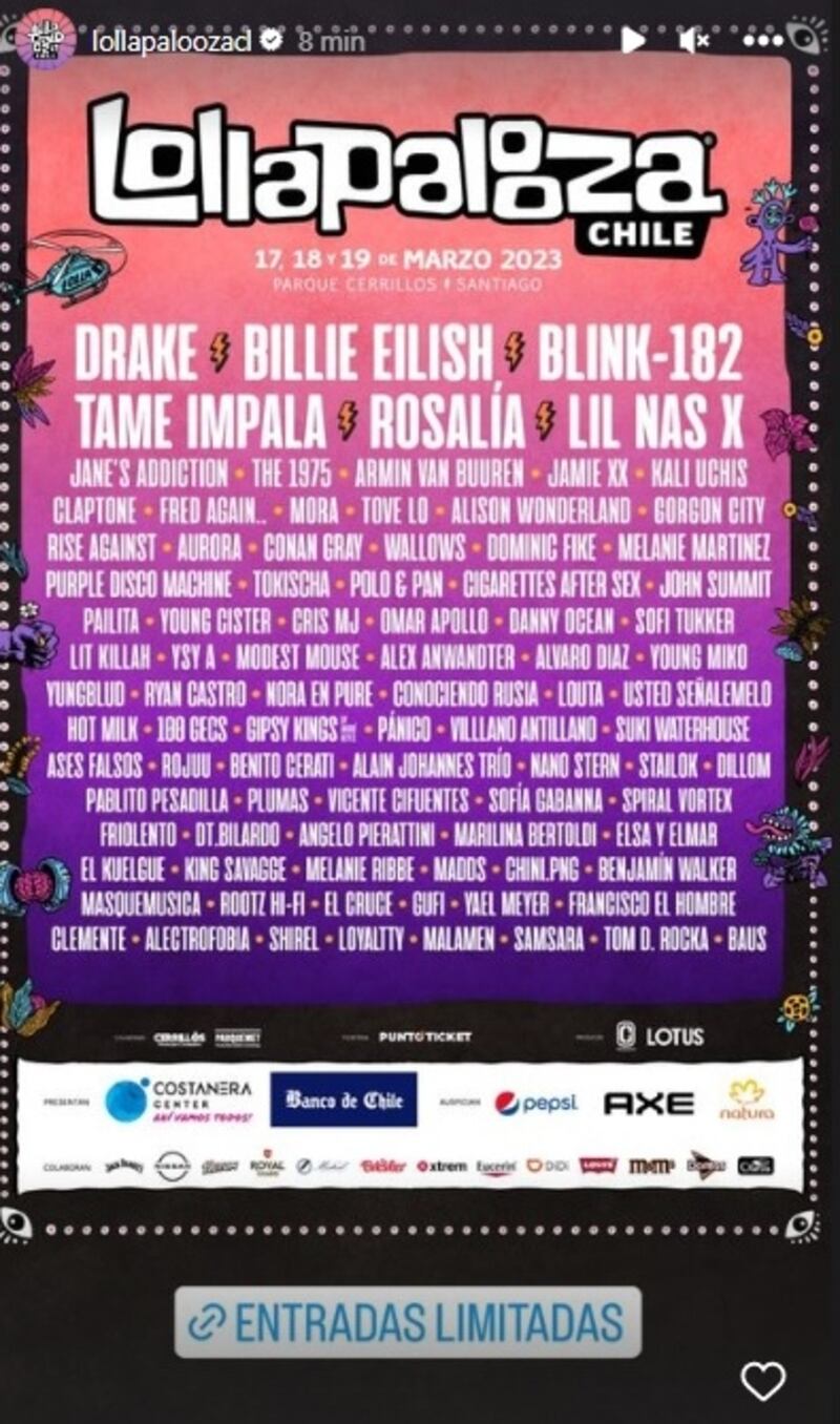 Este martes la organización del evento presentó el Line Up de los artistas que estarán presentes en la edición 2023 de Lollapalooza Chile en Cerrillos.