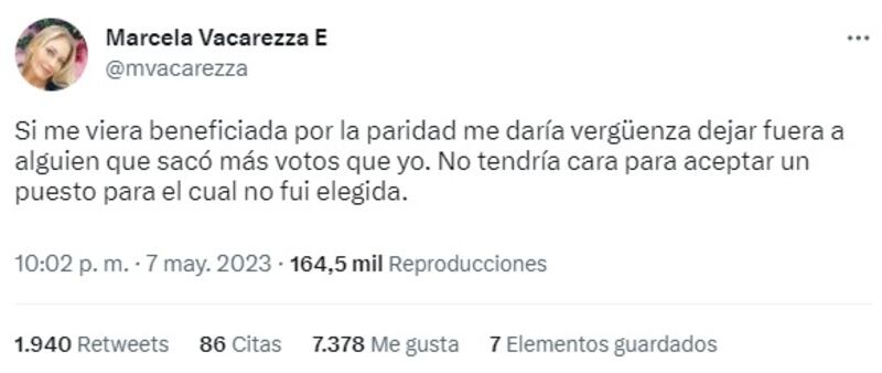 La mediática cuestionó el criterio de paridad que se usó en las últimas elecciones y que le permitió a algunas candidatas a consejeras constitucionales desplazar a candidatos de su coalición que fueron más votados en la jornada dominical del 7 de mayo.