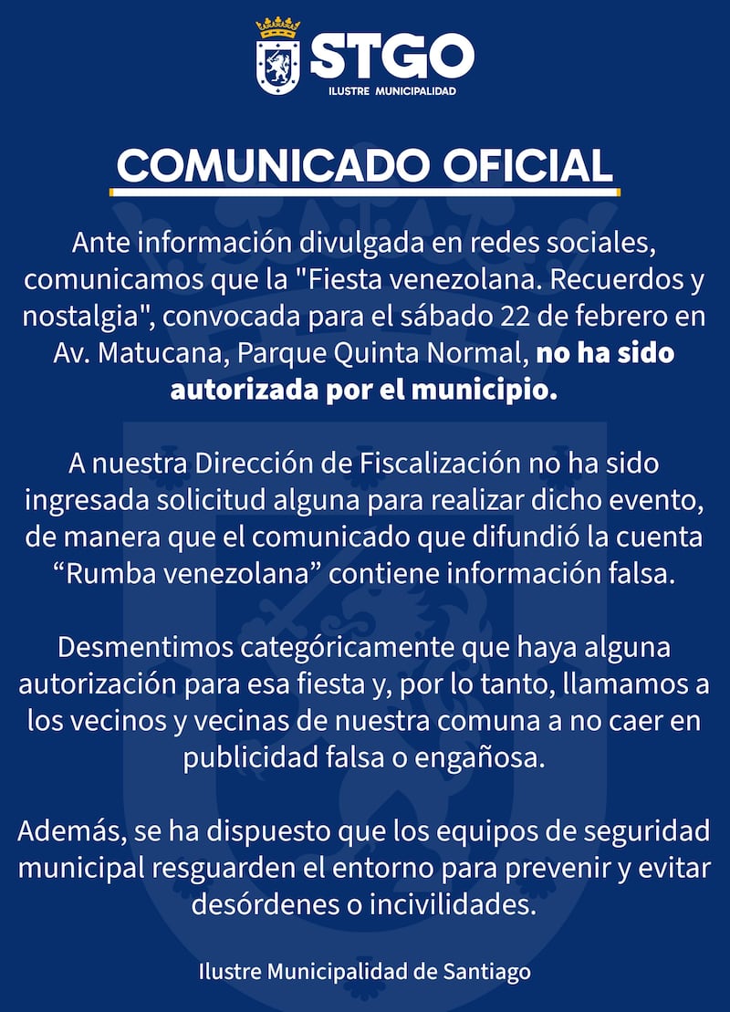 La autoridad comunal desmintió haber autorizado la fiesta en la Quinta Normal.