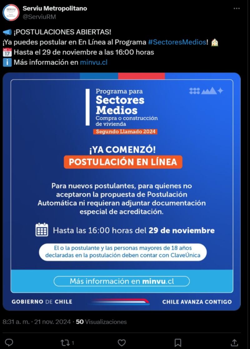 El Ministerio de Vivienda y Urbanismo (Minvu) anunció este miércoles 20 de noviembre la apertura del segundo llamado nacional de este año del Subsidio para Sectores Medios (DS1).