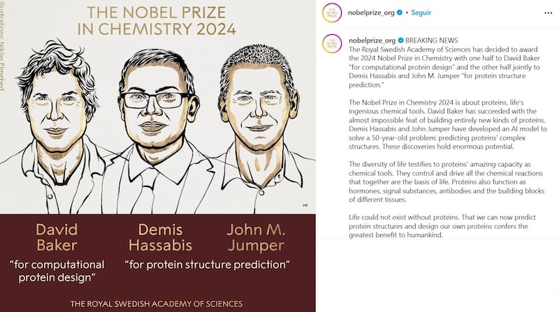 El Premio Nobel de Química 2024 fue para los científicos David Baker, Demis Hassabis y John M. Jumper.