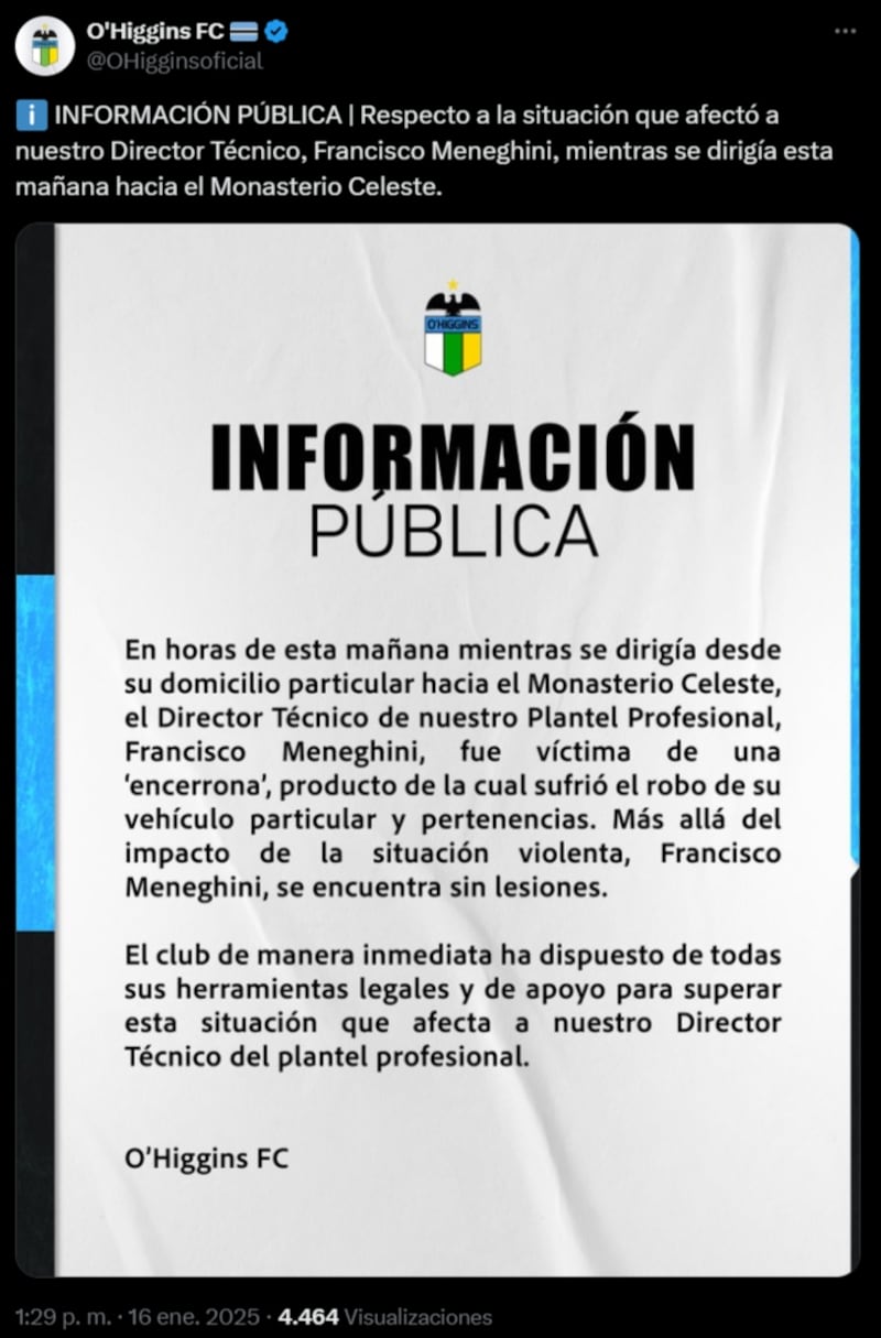 El club dio cuenta del robo del que fue víctima en la mañana de este jueves su entrenador, quien en el trayecto desde La Granja a Rancagua, y con su hijo de 9 años, fue asaltado por desconocidos.