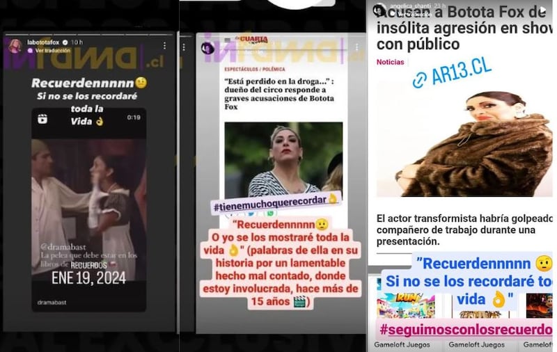 Al parecer, no se pueden ver ni en pintura. Las exparticipantes de Tierra Brava, Angélica Sepúlveda y la comediante Botota Fox siguen en pie de guerra tras la salida del programa de telerrealidad de Canal 13 que se grabó en Perú.
Si bien, hace semanas que todos los integrantes arribaron a Chile, lo cierto es que las divas de la farándula continúan con su propio show en redes sociales. Así lo dejaron ver, al sacarse los trapitos al sol en sus respectivas cuentas de Instagram.
En primer lugar, fue José Miguel Navarrete, nombre real de la transformista, quien revivió un antiguo video de Sepúlveda cuando participó en el reality 1810 y dejó llorando a Pamela Leiva, a quien insultó por su físico. 
“Recuerden, sino se los recordaré toda la vida”, escribió Botota.
Pero, Sepúlveda respondió de vuelta y compartió la captura de un medio de comunicación, con una noticia sobre la humorista que hacía alusión al consumo de drogas. 
“Recuerden o yo se los mostraré toda la vida (Palabras de ella en su historia por un lamentable hecho mal contado, donde estoy involucrada, hace más de 15 años), se defendió Angélica. 
Posteriormente, compartió otras noticas donde se acusa a Fox de agredir a un compañero de trabajo durante un show con público.