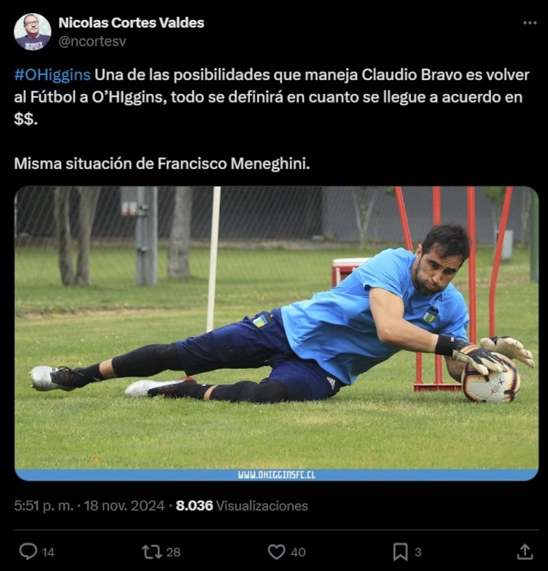 Al interés de la UC y Colo Colo, se uniría el de O'Higgins por sacar del retiro a Claudio Bravo.