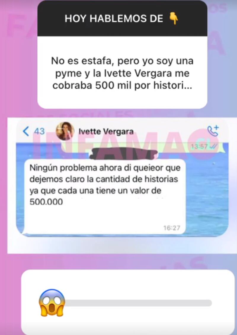 Ivette Vergara cobra 500 mil pesos por publicar historia de Instagram.