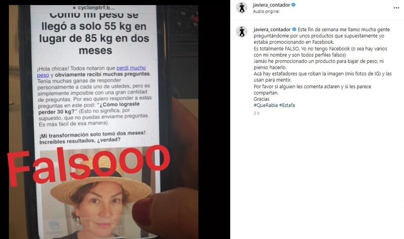 La actriz denunció en su cuenta de Instagram a unos estafadores que usan su imagen en Facebook para promocionar unos productos dietéticos.