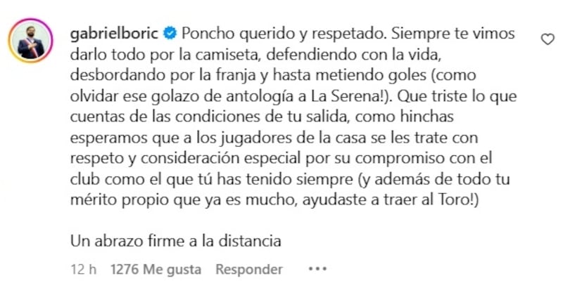 El mandatario manifestó su pesar por la forma en que el capitán y referente cruzado dejó la institución.