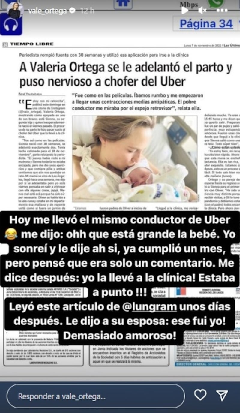 La periodista usó las historias de Instagram para contar la casualidad de haberse encontrado con el mismo Uber que la ayudó en la previa al parto.