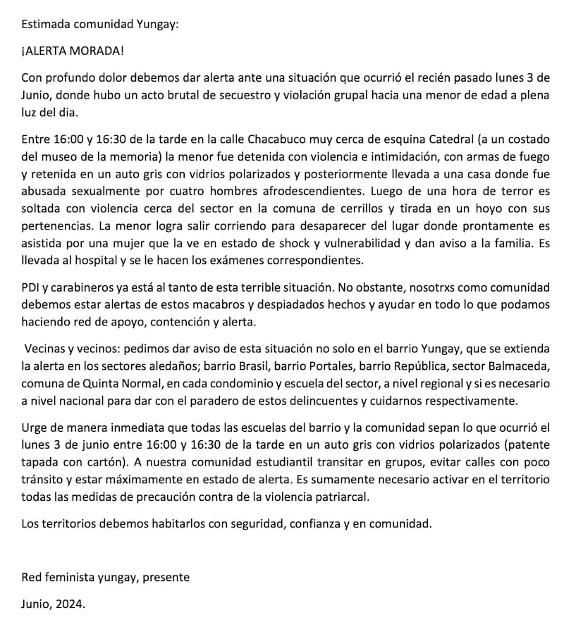 La agrupación feminista indicó que el caso ya está siendo investigado por efectivos policiales de la PDI.