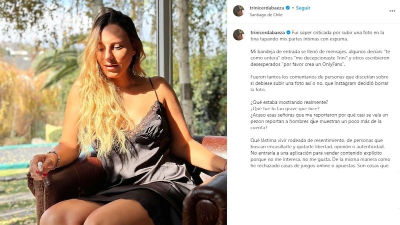 Exintegrante de "Gran Hermano" escribió su reflexión en redes sociales luego que Instagram bajara su fotografía semidesnuda.