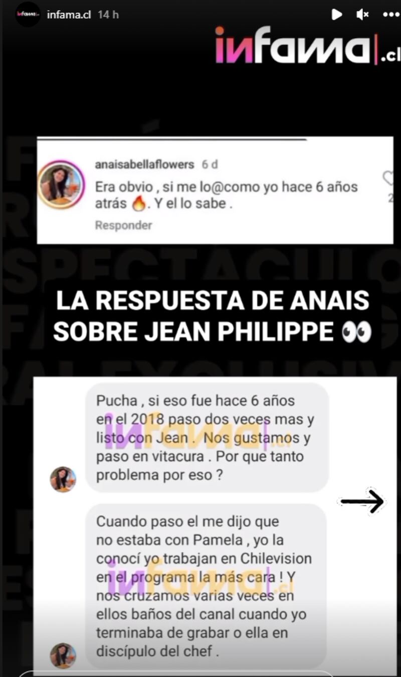 Una ex participante del programa The Voice Chile, Ana Isabella Ríos de Medellín, Colombia dio a conocer que tuvo encuentros sexuales con Jean Philippe Cretton y asegura tener dos fotografías como pruebas del momento íntimo que tuvo con el animador de Podemos hablar, años atrás. 
Esta información la dio a conocer luego que se filtrara un video del periodista besando a María Trinidad Garcés, hija de la actriz Francisca Imboden. A raíz de esto, Ana Isabella Ríos escribió en Instagram que la actitud del rostro de CHV no sería algo nuevo. 
“Era obvio, si me lo como yo hace seis años atrás y él lo sabe”. 
Así lo publicó de manera pública en Instagram y luego lo habría reiterado al periodista Sergio Rojas, a quien le ofreció las imágenes a cambio de dinero. “Te puedo enviar dos fotografías. Yo acá soy la única que puede quedar mal”, indicó el panelista de Me Late. 
“Cuando pasó él me dijo que no estaba con Pamela. Yo la conocí. Yo trabaja en Chilevision en el programa La Máscara.  Y nos cruzamos varias veces en los baños del canal, cuando yo terminaba de grabar o ella en El Discípulo del chef”, escribió en los comentarios. 
“También estuve en The Voice Chile. Por qué te sorprendes de que él halla tenido sexo, por que solo fue eso....El Jean es un hombre como cualquier otro que se calienta y, al igual que yo y pues en esa época pasó. La relación de pame venía mala mala hace mucho tiempo no es para sorprenderse de nada”.