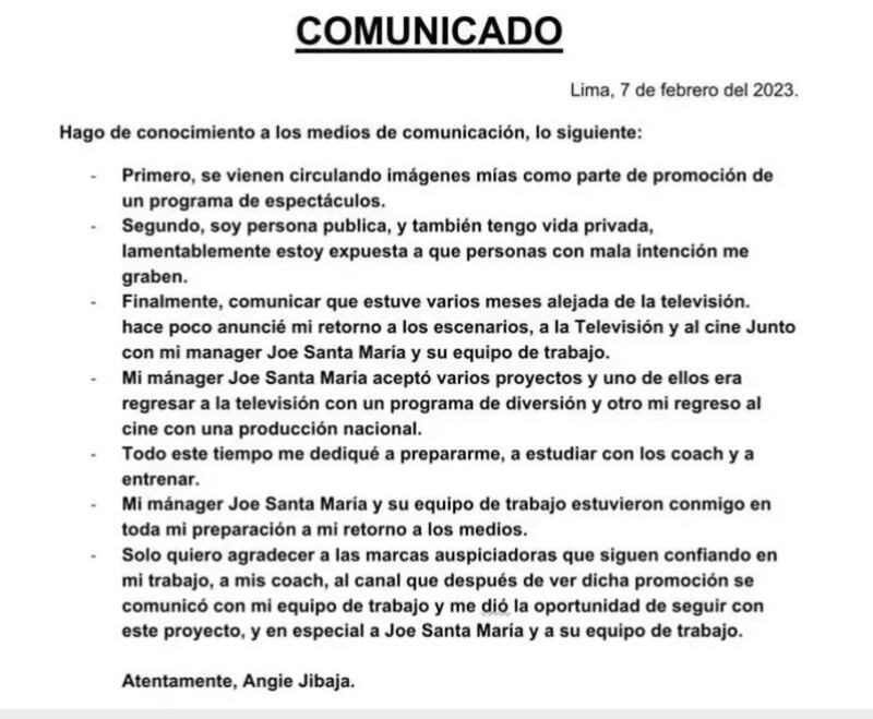 Comunicado Angie Jibaja