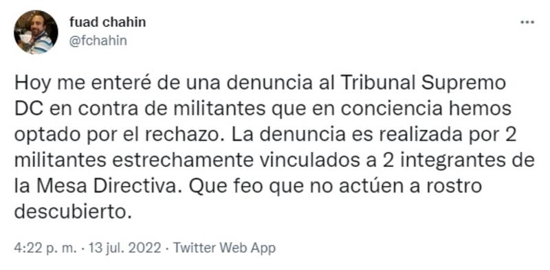 El convencional Fuad Chahin acusó una maniobra política poco transparente de parte de los dos militantes DC que los denunciaron ante el Tribunal Supremo del partido.