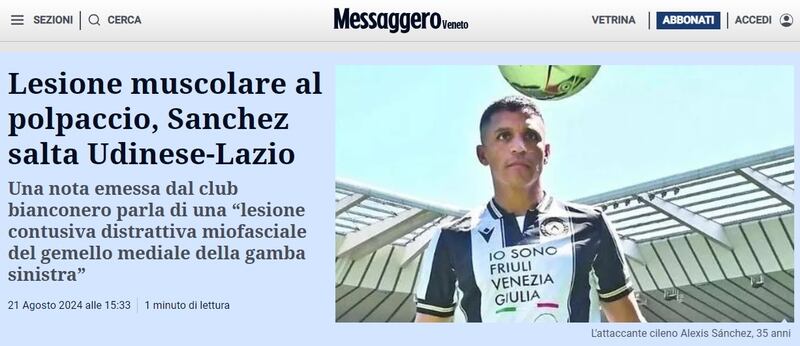 El delantero chileno tendría al menos unos 21 días para recuperarse de la lesión sufrida esta mañana en el entrenamiento de Udinese.