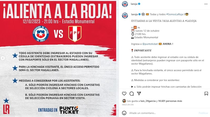 Los hinchas peruanos tendrán un lugar exclusivo en el estadio Monumental para el duelo entre la Roja y la selección incaica.