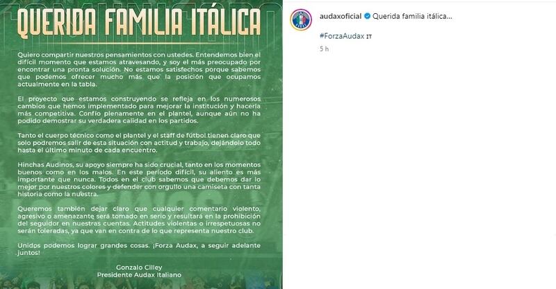 Los dirigentes de Audax Italiano respondieron a las críticas de los hinchas por la baja campaña del equipo en el torneo nacional.