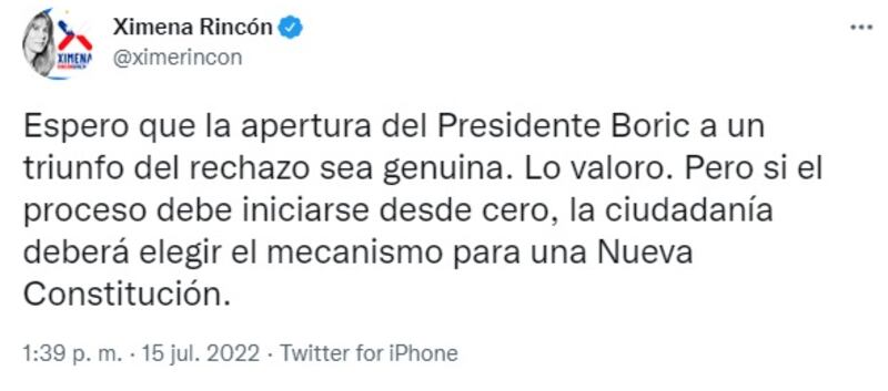 La senadora Ximena Rincón publicó en sus redes sociales luego de conocer los dichos del Presidente Gabriel Boric.