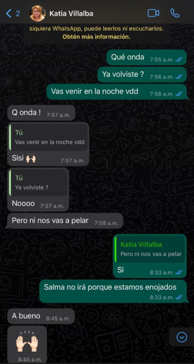 Evidencia de la conversación entre su pareja y la 'mujer mayor'. Imagen: captura de pantalla de la cuenta de Facebook de Salma Ayala