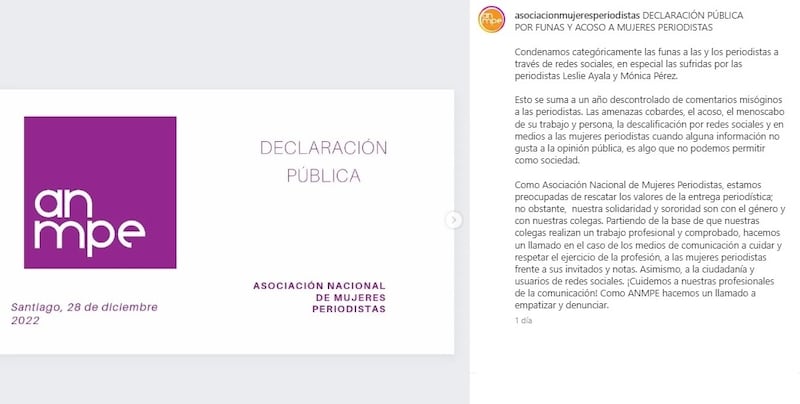 La Asociación Nacional de Mujeres Periodistas (Anmpe) criticó las funas que recibieron las periodistas de Canal 13, Mónica Pérez; y La Tercera, Leslie Ayala.