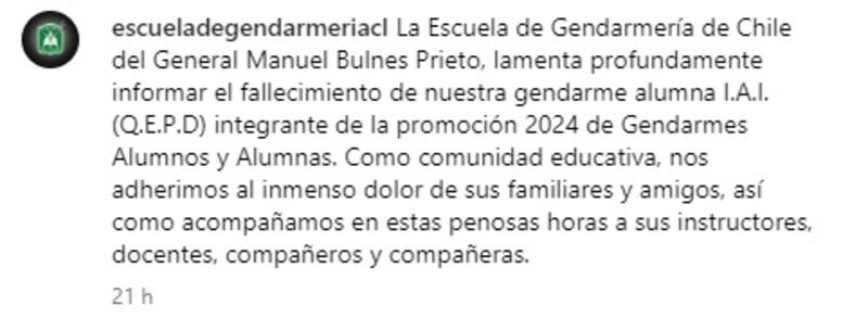 En redes sociales la Escuela de Gendarmería confirmó la muerte de una de sus aspirantes.