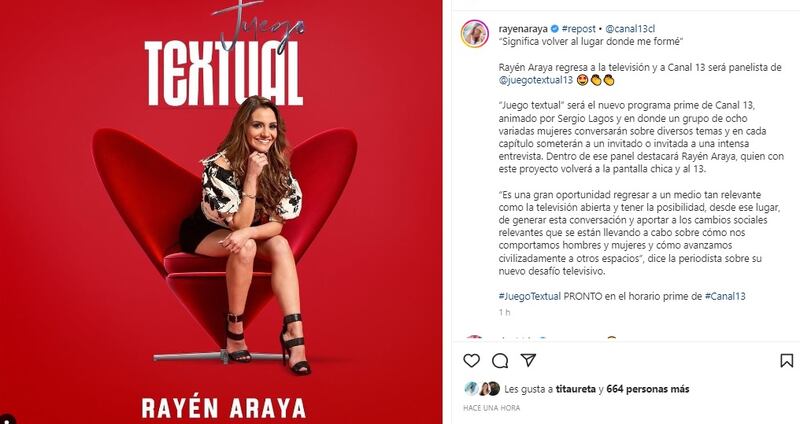 La periodista Rayén Araya calificó de "una gran oportunidad regresar a un medio tan relevante como la televisión abierta", luego de confirmarse su contratación como panelista de "Juego textual".