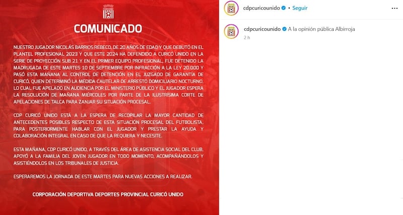 El club sureño adelantó que apoyará a la familia del futbolista detenido y formalizado por narcotráfico.