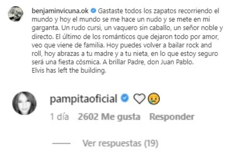 Pampita también apoyó a Benjamín Vicuña en su publicación de Instagram.