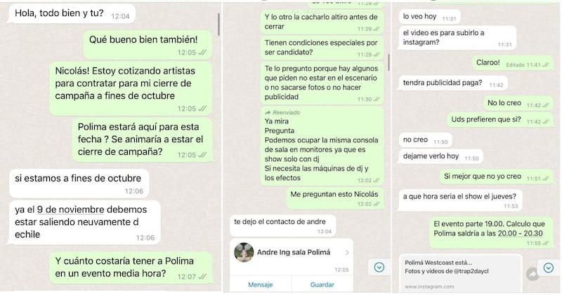 Chats entre el equipo del candidato a la alcaldía de Independencia, Agustín Iglesias, y de Polimá WestCoast