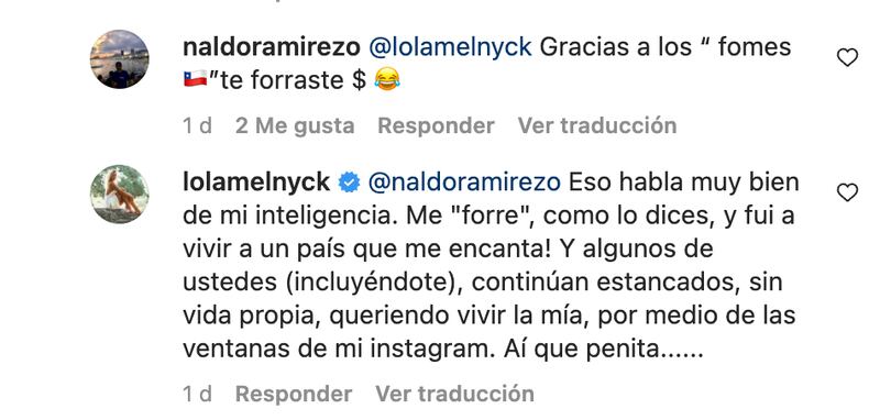 Comentarios Lola Melnyck | Fuente Instagram