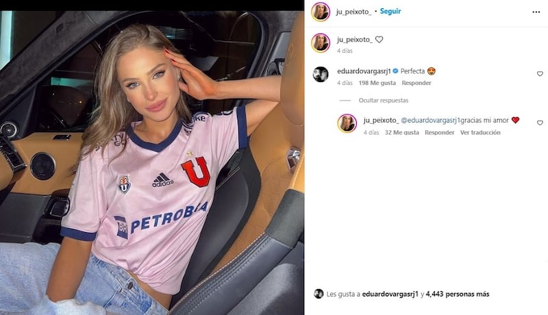 Juliana Peixoto incluso se ha dejado ver con la camiseta de la U, el equipo del cual Vargas es ídolo en Chile tras ser campeón de la Copa Sudamericana con los azules.