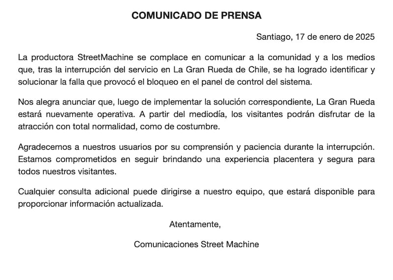 Comunicado de prensa productora Street Machine