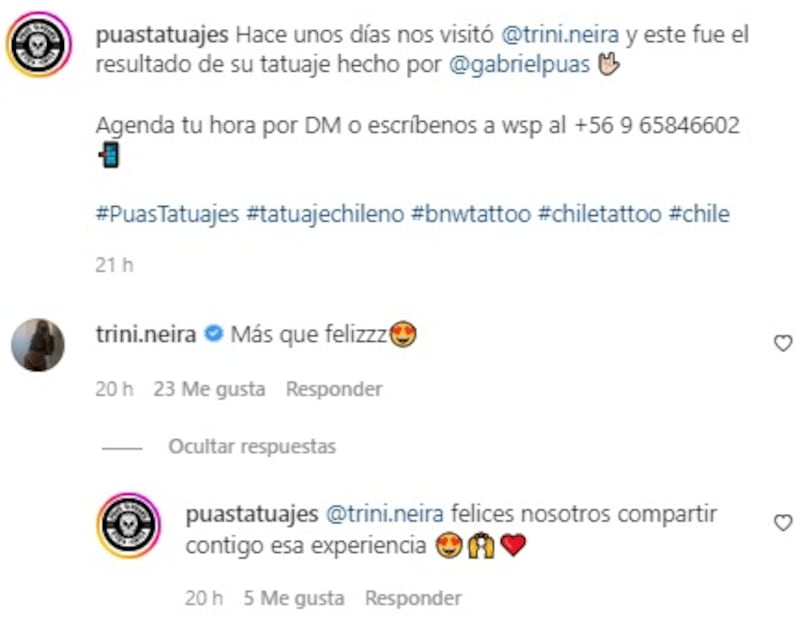 La hija de Pamela Díaz y Manuel Neira agradeció en las redes sociales del local por el resultado del tatuaje que le hicieron.