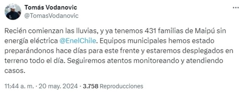 El jefe municipal de Maipú alertó por las primeras casas de su comuna que han quedado sin energía eléctrica en el inicio de las lluvias en la capital.