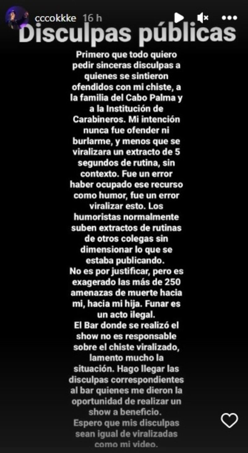 El comediante acusó haber recibido amenazas de muerte luego de viralizarse el chiste que hizo del asesinato del suboficial mayor de Carabineros Daniel Palma Yáñez.