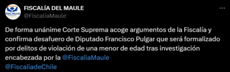 El ente persecutor formalizará al parlamentario luego que la Corte Suprema acogiera el desafuero de Pulgar.