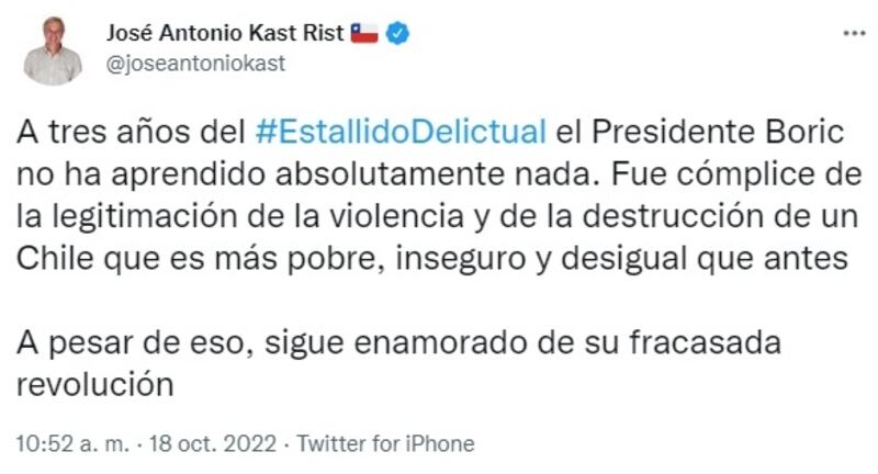 José Antonio Kast criticó al Presidente Boric en un nuevo aniversario del Estallido Social.