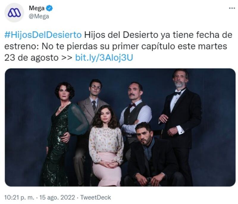Mega confirmó el próximo martes 23 de agosto como la fecha de estreno de "Hijos del desierto".