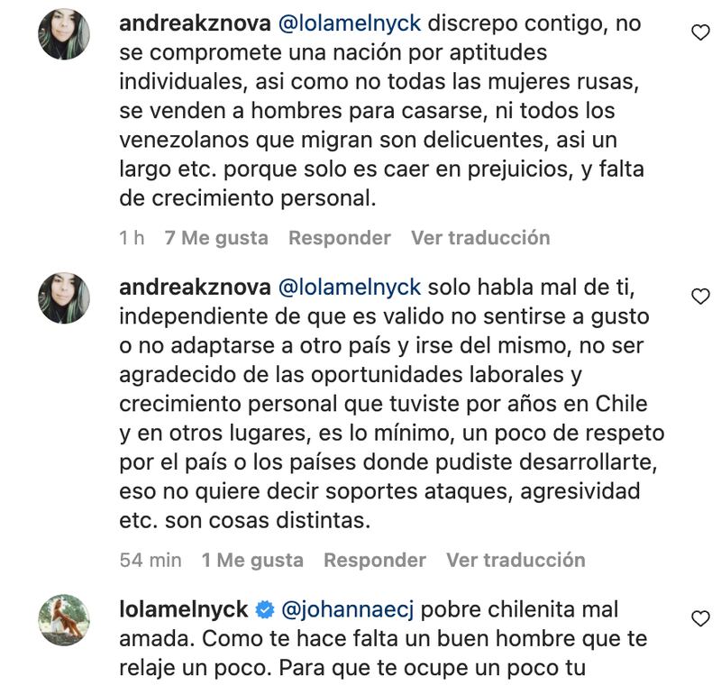 Comentarios Lola Melnyck | Fuente Instagram