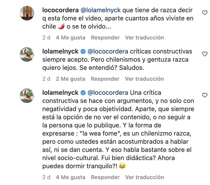 Comentarios Lola Melnyck | Fuente Instagram