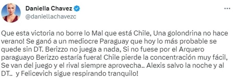 La modelo y empresaria se mostró preocupada por el poco trabajo que tiene la selección dirigida por Eduardo Berizzo.