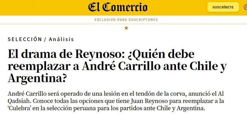 Los medios peruanos alertaron por la baja de Carrillo ante Chile, y plantearon su preocupación por el nombre del reemplazante del delantero para el duelo clasificatorio ante la Roja.