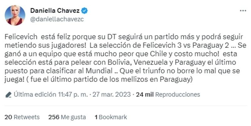 La exconejita Playboy fue dura con el técnico de la selección chilena y con el representante de varios de los seleccionados, Fernando Felicevich.